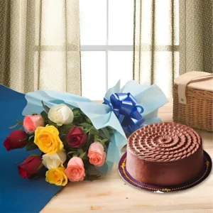 Chocolate Cake & Mixed Roses Bouquet 1