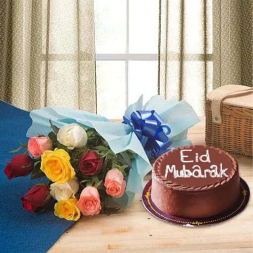 Chocolate Cake & Mixed Roses Bouquet 4