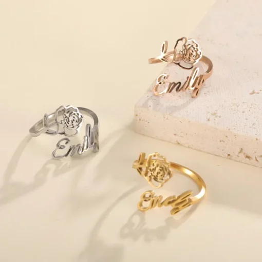 Custom Birth Flower Name Ring1
