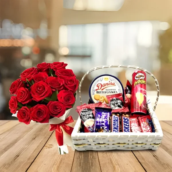 Luxury Snack Basket with Red Roses