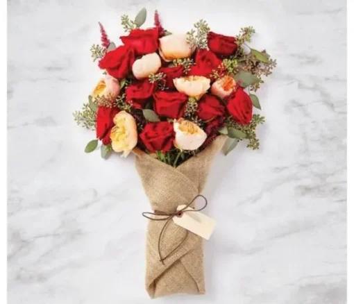 Rustic Romance Red & Peach Rose Bouquet