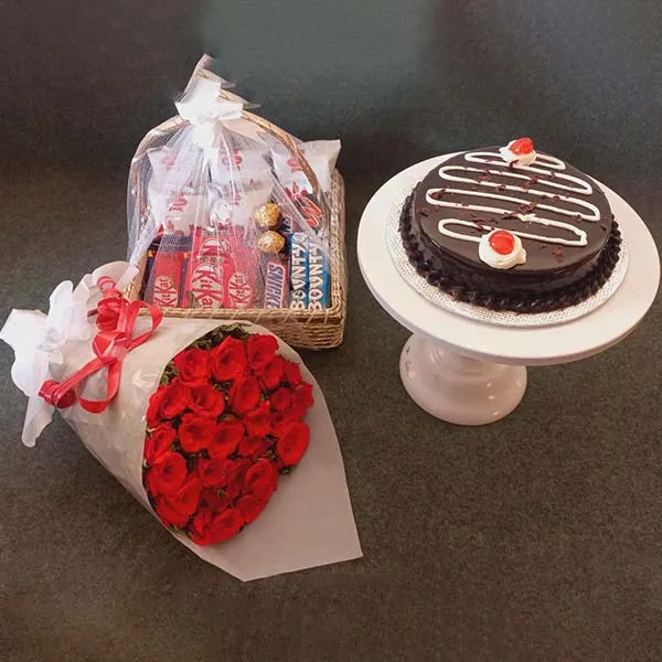 Cake & Bouquet with Chocolate Basket Gift Set