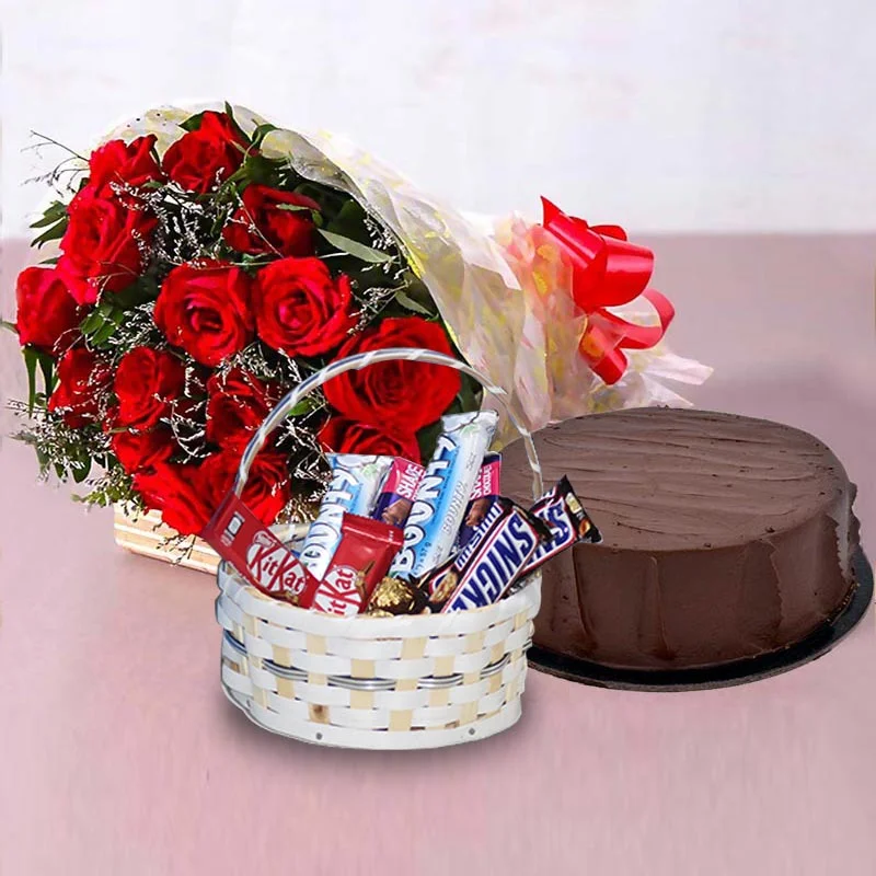 Cake & Bouquet with Chocolate Basket Gift Set - Image 2