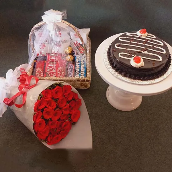 Cake & Bouquet with Chocolate Basket Gift Set - Image 3