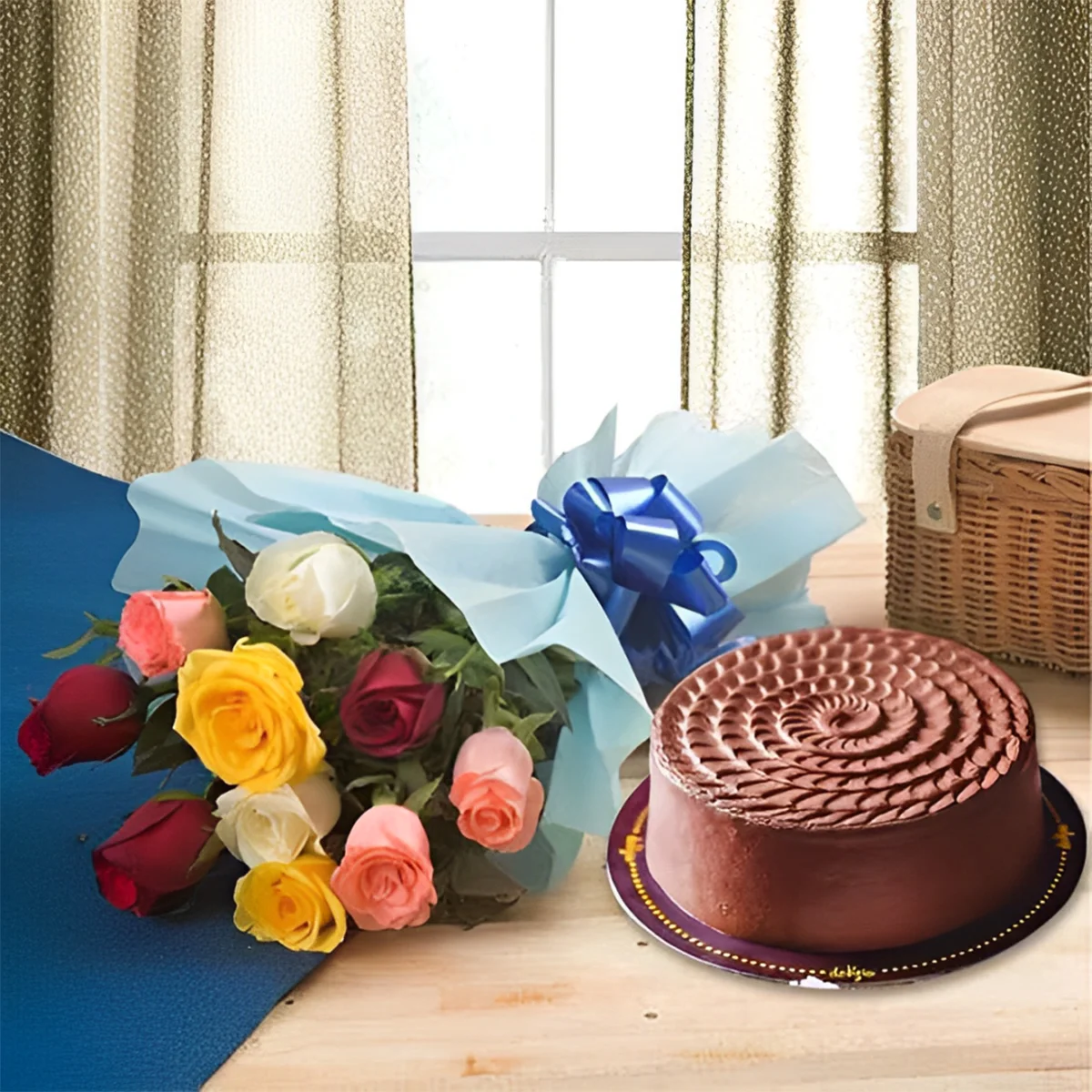 Chocolate Cake & Mixed Roses Bouquet