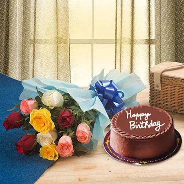 Chocolate Cake & Mixed Roses Bouquet - Image 2