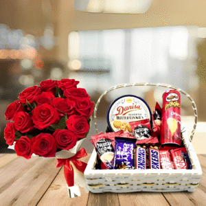 Delightful Snack & Roses Gift Basket